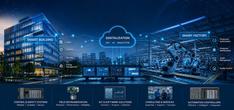 Illustration of smart building, digitalization (IIoT, AI, analytics) and smart factory systems, with control and safety systems, field instrumentation, IIoT software, consulting services and automation controllers